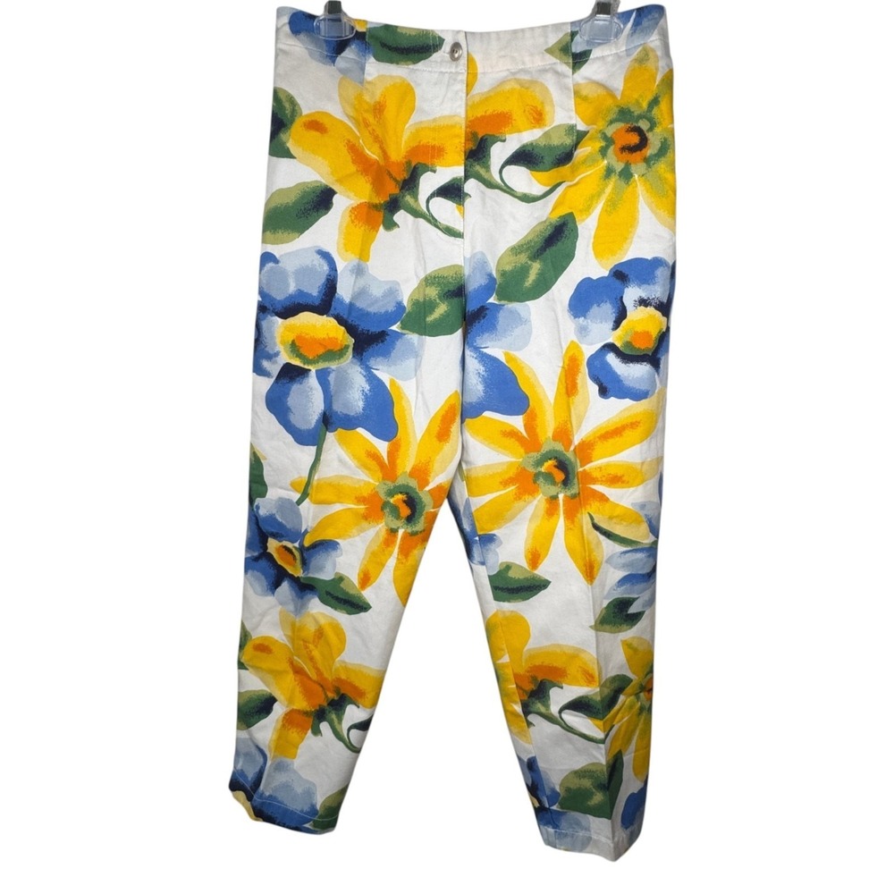 Susan Bristol Floral CapriPants Womens 10 Blue Yellow Cotton Crop Vintage 90s